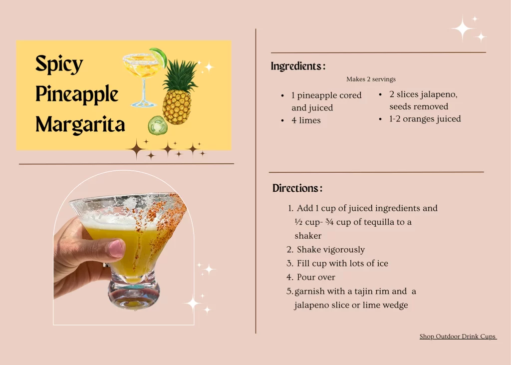 Hand holding a spicy pineapple margarita with tajin rim, shown on a recipe card with ingredients and directions on a pink background