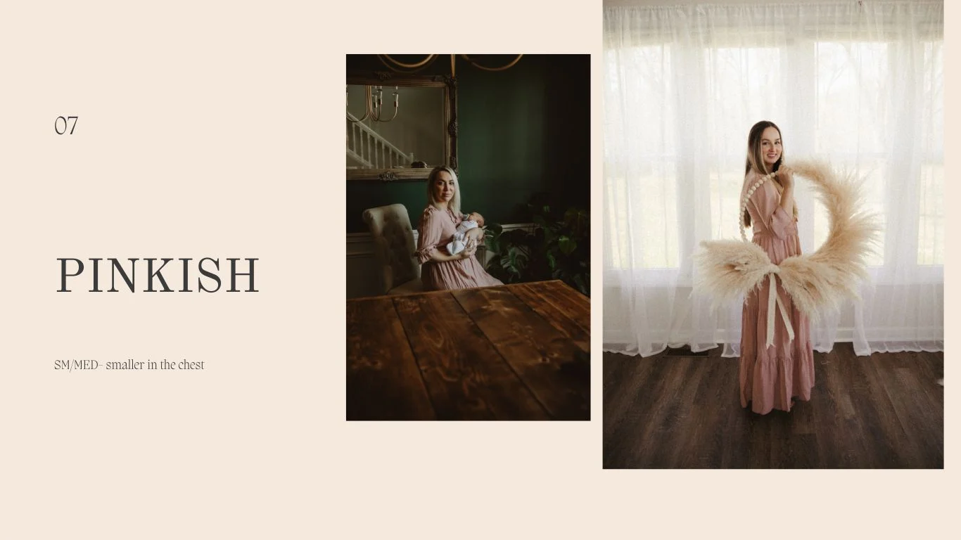 Women wearing a dusty pink tiered dress in styled indoor spaces, shown holding a baby and posing with a pampas grass wreath