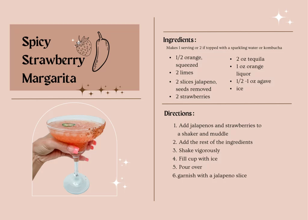 Hand holding a spicy strawberry margarita with jalapeño slice garnish and tajin rim, displayed on a recipe card with ingredients and directions