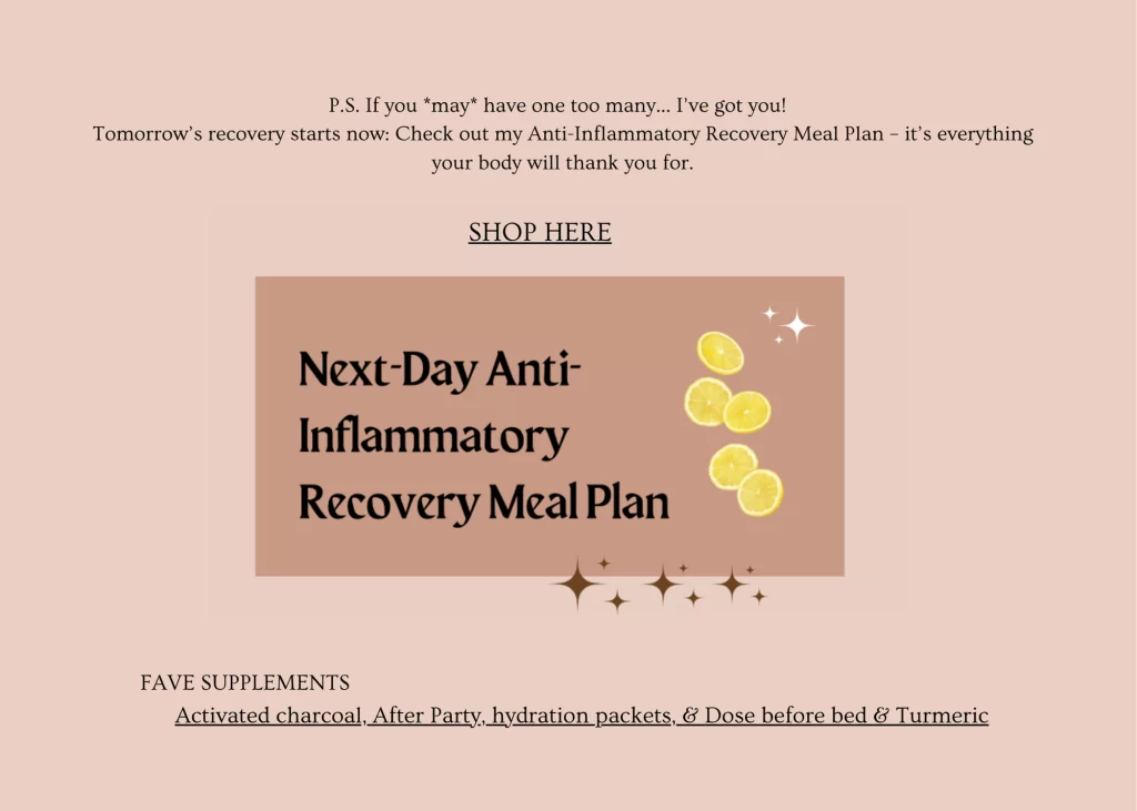 Graphic promoting a Next-Day Anti-Inflammatory Recovery Meal Plan with lemon slices on a warm brown background