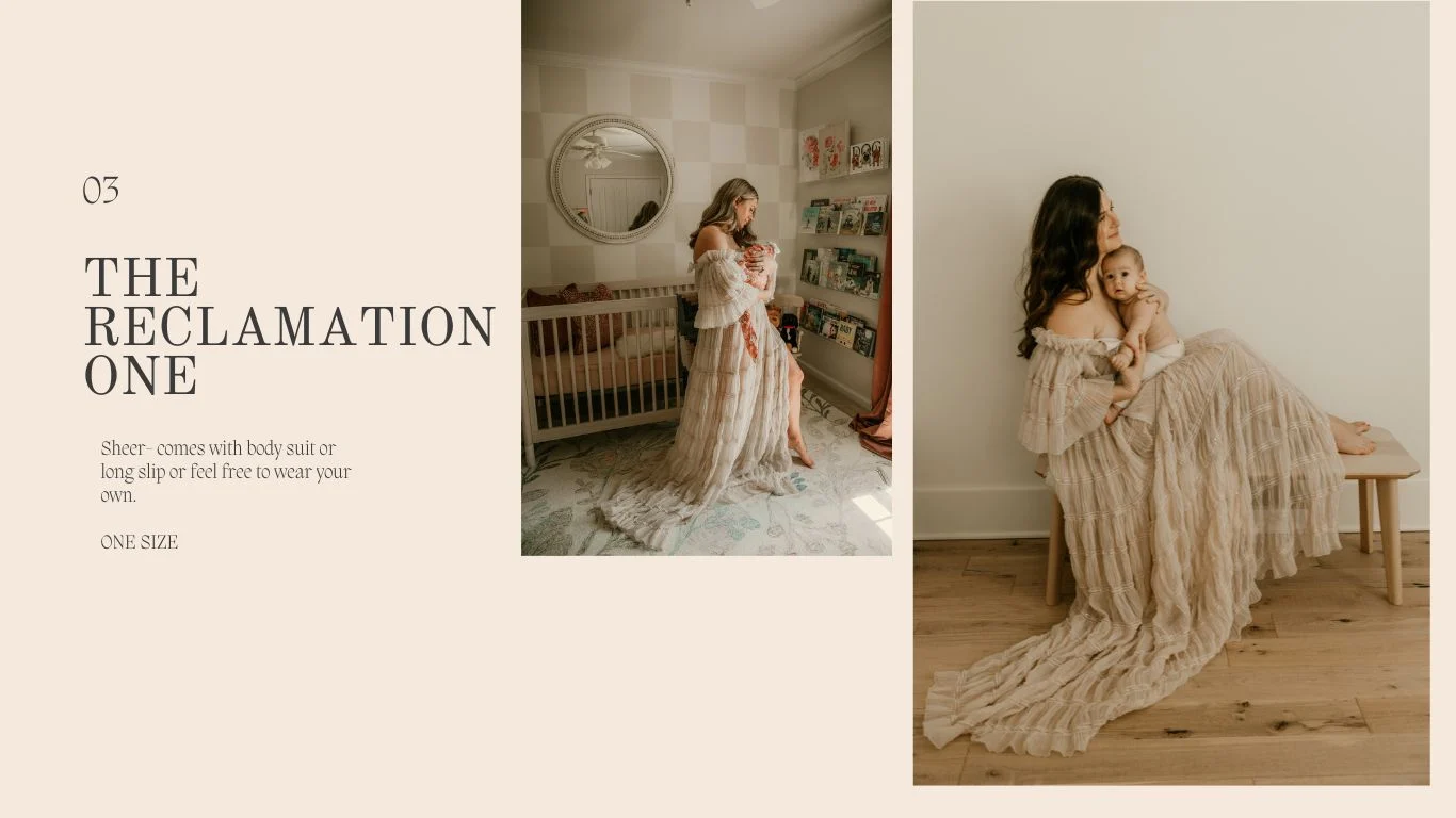 Mother wearing a sheer neutral gown holding her baby in a nursery and studio setting, featured in a photography client closet preview