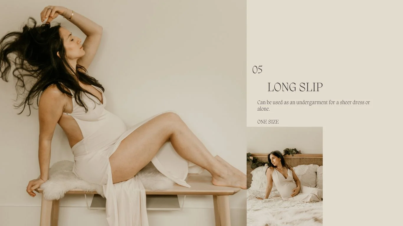 Pregnant woman posing in a cream long slip dress on a bench and bed, shown in a minimalist indoor setting