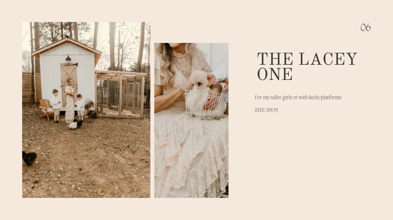 Woman in a tiered lace gown holding a white rabbit outside a farmhouse-style chicken coop, surrounded by children and chickens