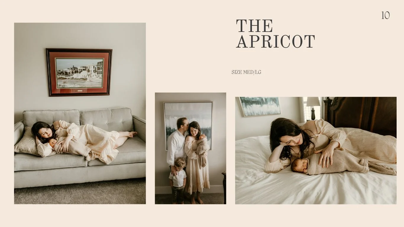 Mother in a soft apricot off-shoulder dress cuddling her newborn on a bed and couch during a cozy in-home session