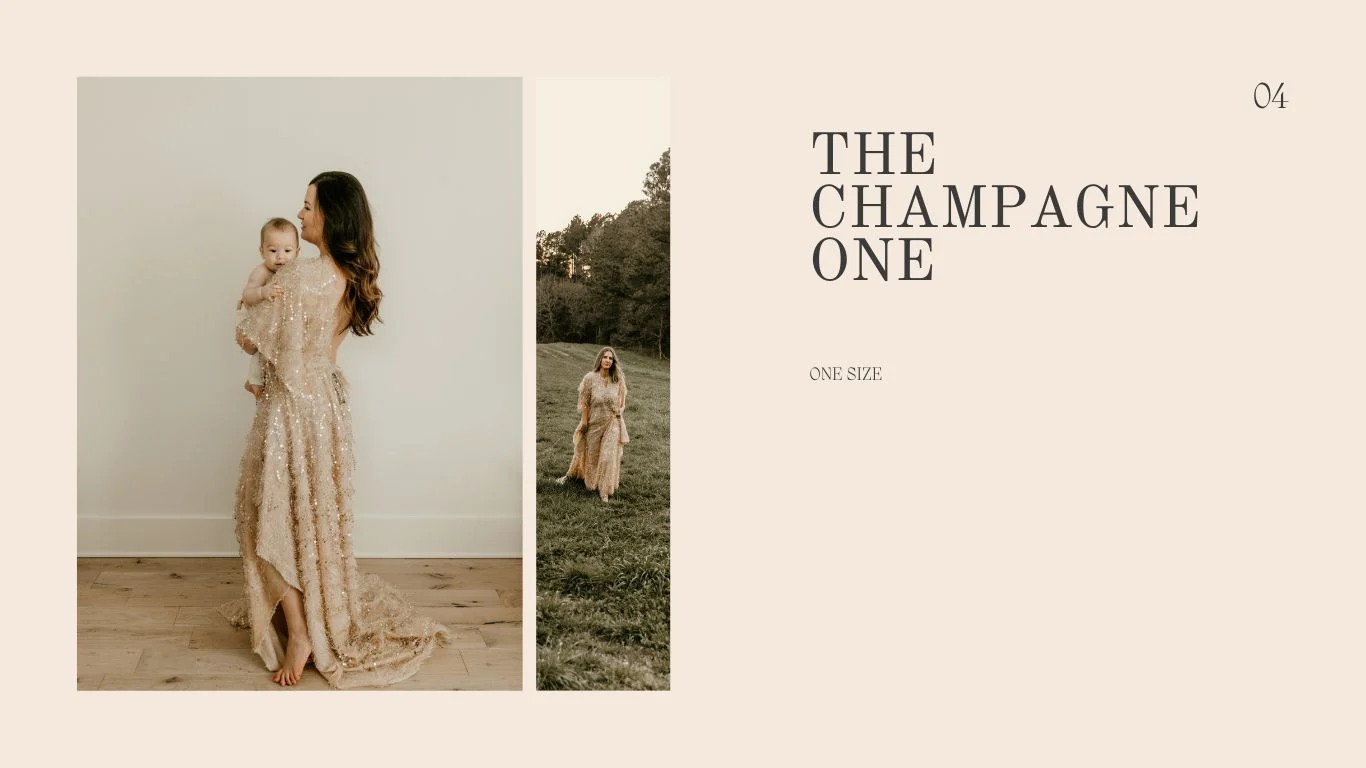 Woman in a champagne sequin gown holding a baby indoors and walking barefoot outdoors in a client closet style guide