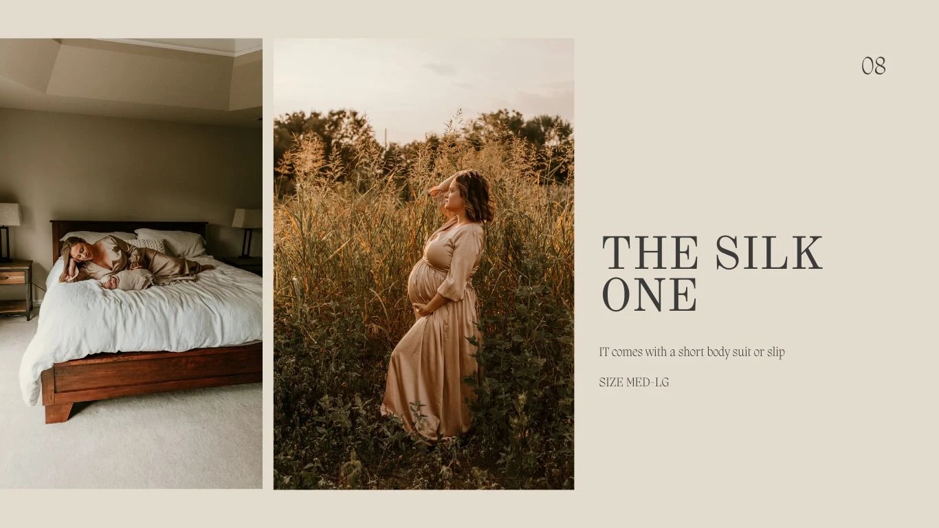 Woman in a gold silk gown lounging on a bed with her baby and standing in a sunlit field during maternity photoshoot
