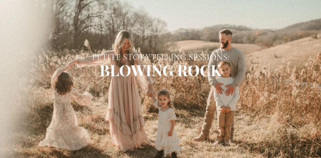 Family walking and playing in a golden field during a Petite Storytelling Session in Blowing Rock, North Carolina