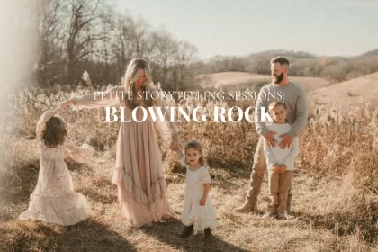 Family walking and playing in a golden field during a Petite Storytelling Session in Blowing Rock, North Carolina