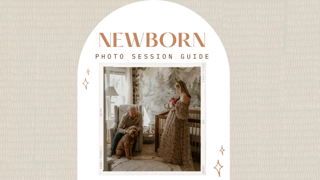 Parents holding their newborn in a woodland-themed nursery, featured on the cover of a Newborn Photo Session Guide