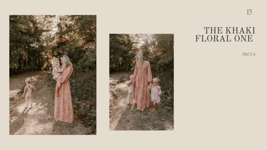 Mother in a long khaki-pink floral dress walking through a wooded path with two young children during golden hour