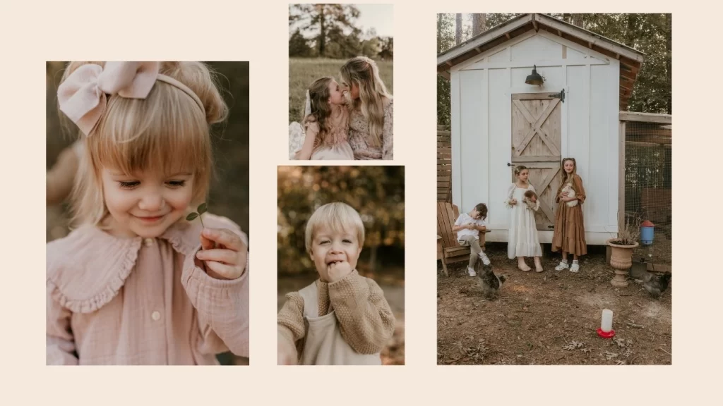 Collage of children in neutral-toned outfits playing outdoors, snuggling animals, and sharing sweet moments near a white farmhouse chicken coop