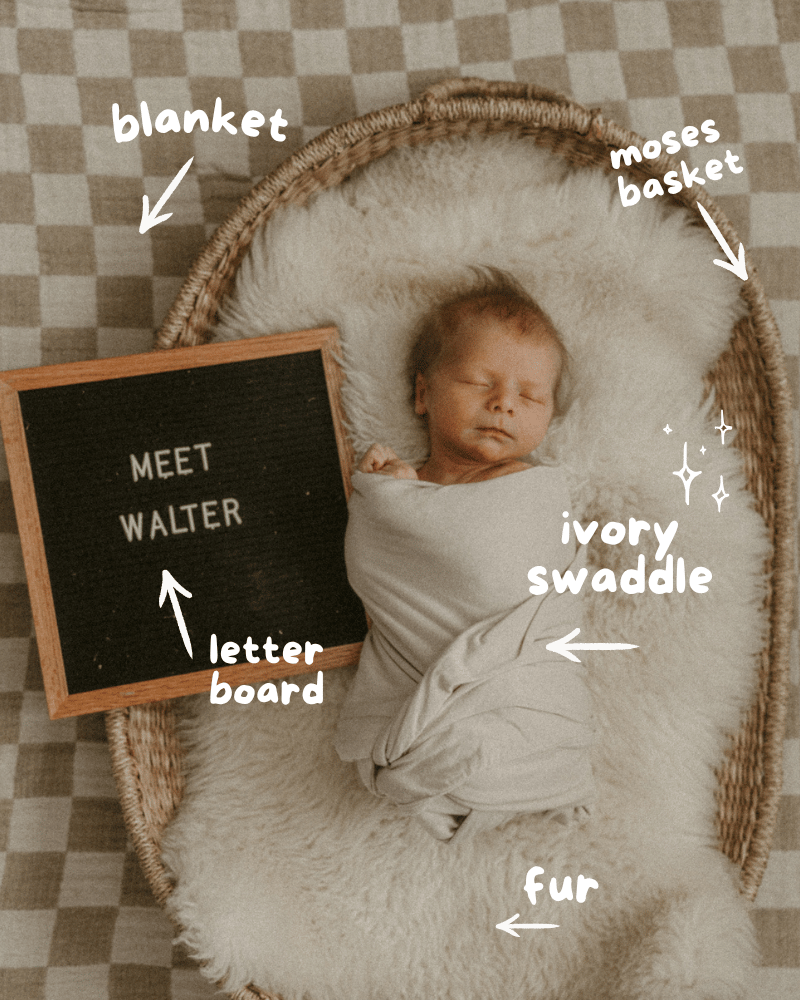 Newborn baby boy swaddled in ivory wrap lying in a fur-lined moses basket with a letter board and checkered blanket