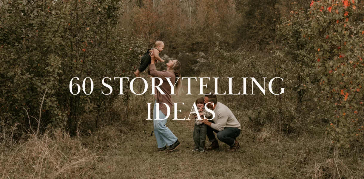 Family playing together in a meadow surrounded by fall trees, overlaid text reads “60 Storytelling Ideas”