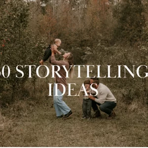 Family playing together in a meadow surrounded by fall trees, overlaid text reads “60 Storytelling Ideas”