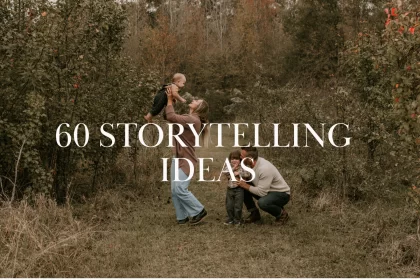 Family playing together in a meadow surrounded by fall trees, overlaid text reads “60 Storytelling Ideas”