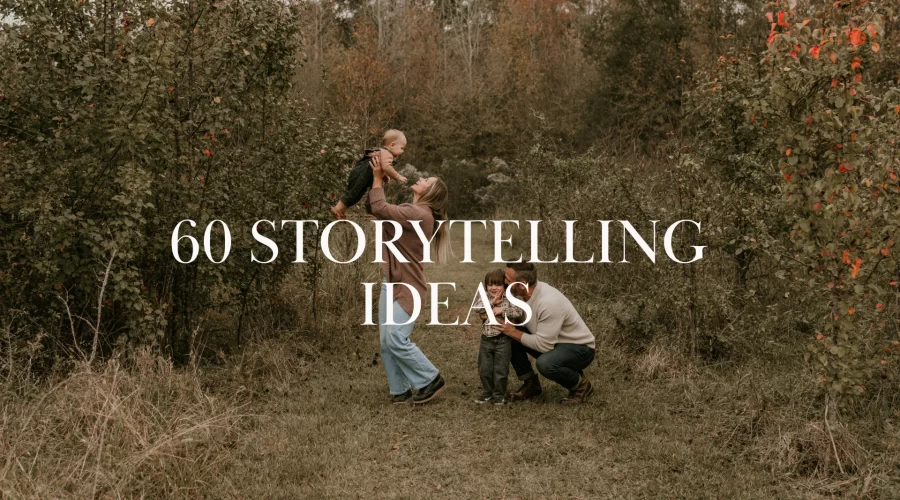 Family playing together in a meadow surrounded by fall trees, overlaid text reads “60 Storytelling Ideas”