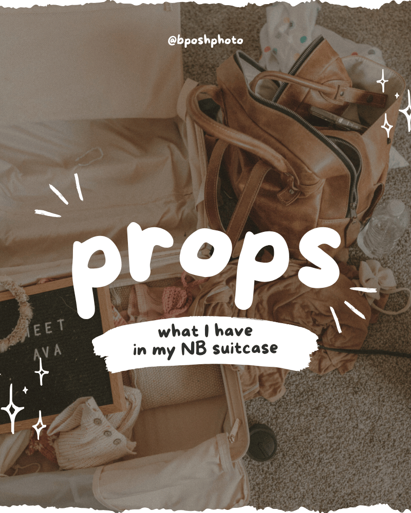 Flat lay of open suitcase filled with newborn photography props and a leather bag