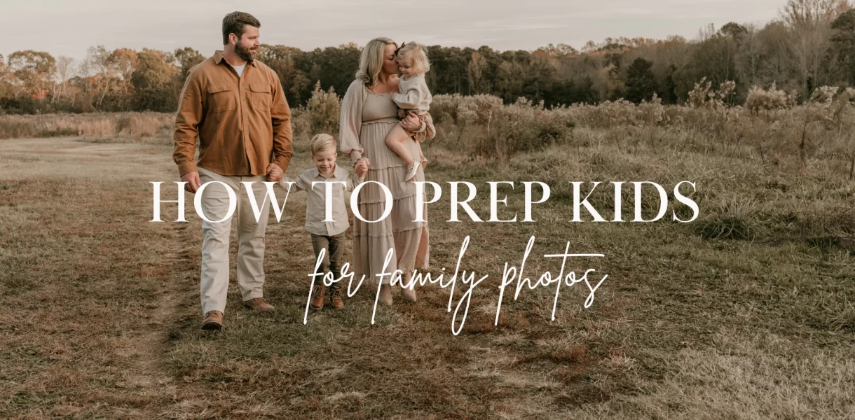 Family walking through field during golden hour for “How to Prep Kids for Family Photos” guide