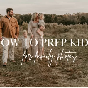Family walking through field during golden hour for “How to Prep Kids for Family Photos” guide