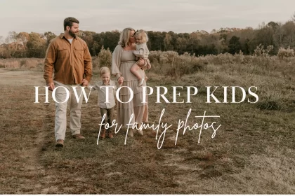 Family walking through field during golden hour for “How to Prep Kids for Family Photos” guide