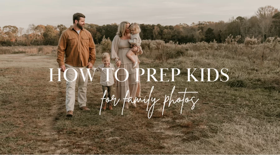 Family walking through field during golden hour for “How to Prep Kids for Family Photos” guide