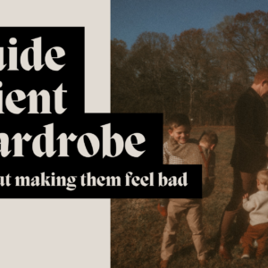Family standing together outdoors during a fall photo session with text overlay about guiding client wardrobe choices